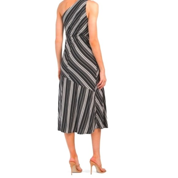 COPY - Sam Edelman Black/White Striped One Shoulder Midi Dress With Front Slit - Picture 2 of 10